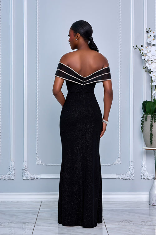 RHINESTONE MESH PANEL GLITTER MAXI DRESS (BLACK)
