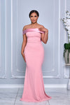 OFF SHOULDER TAFFETA AND CREPE MIX MERMAID DRESS WITH REMOVABLE BOW (ROSE)