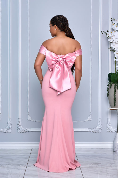 OFF SHOULDER TAFFETA AND CREPE MIX MERMAID DRESS WITH REMOVABLE BOW (ROSE)