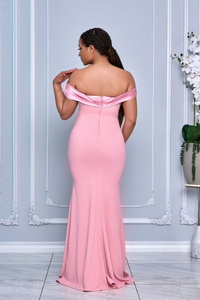 OFF SHOULDER TAFFETA AND CREPE MIX MERMAID DRESS WITH REMOVABLE BOW (ROSE)
