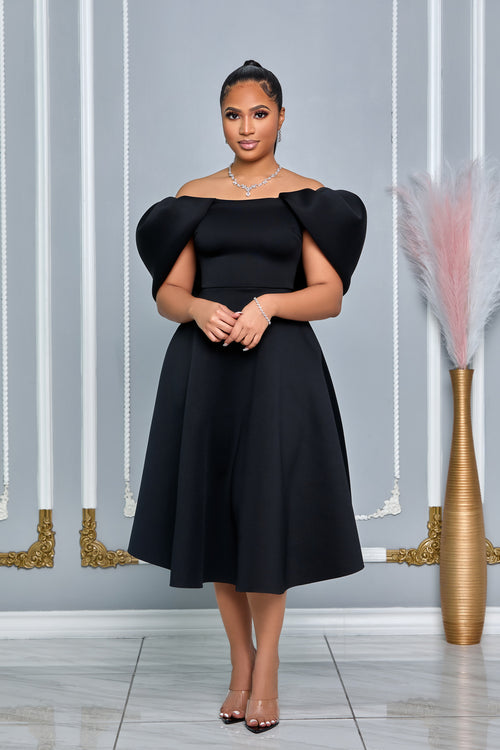 OFF SHOULDER BUBBLE RUFFLE DETAIL FIT-AND-FLARE MIDI DRESS (BLACK)
