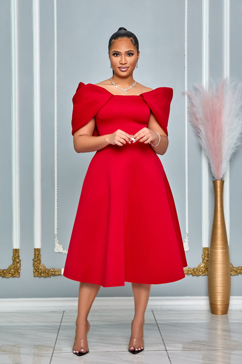 OFF SHOULDER BUBBLE RUFFLE DETAIL FIT-AND-FLARE MIDI DRESS (RED)
