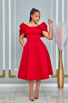 OFF SHOULDER BUBBLE RUFFLE DETAIL FIT-AND-FLARE MIDI DRESS (RED)