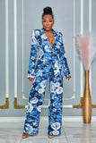 BLUE ROSES PRINT BLAZER AND PANTS SUIT (BLUE MULTI)