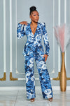 BLUE ROSES PRINT BLAZER AND PANTS SUIT (BLUE MULTI)