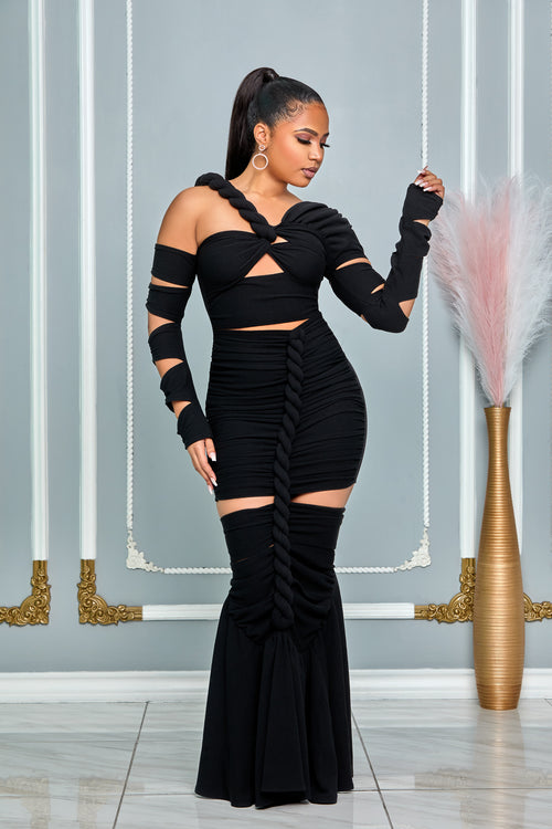 THE GODDESS IN YOU WRAP ROPE MAXI DRESS (BLACK)
