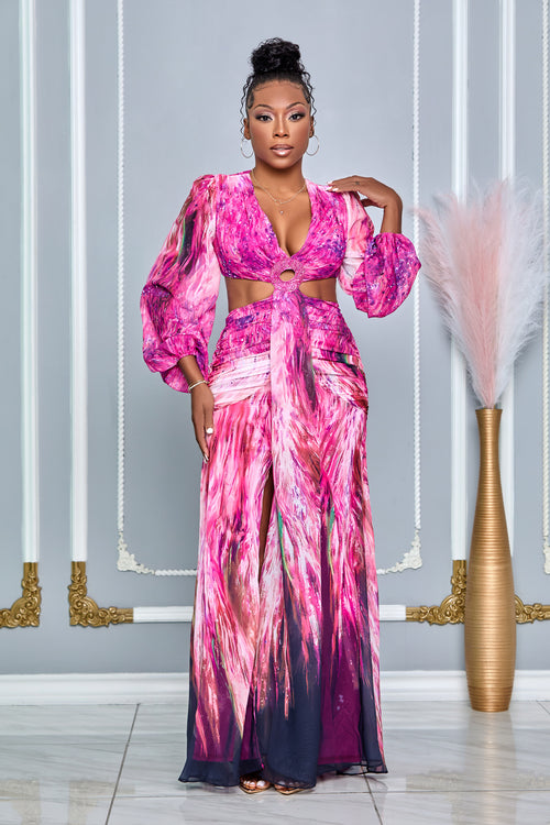 THE ONE AND ONLY DEEP V-NECK LONG SLEEVE CUTOUT MAXI DRESS (PINK MULTI)