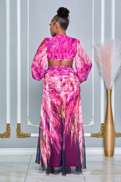 THE ONE AND ONLY DEEP V-NECK LONG SLEEVE CUTOUT MAXI DRESS (PINK MULTI)