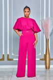 FLUTTER KIMONO SLEEVE BUCKLE DETAIL WIDE LEG JUMPSUIT (FUCHSIA)