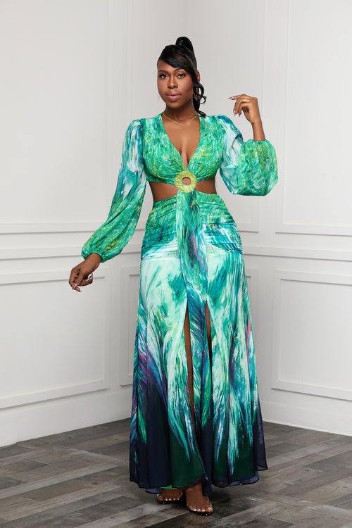 THE ONE AND ONLY DEEP V-NECK LONG SLEEVE CUTOUT MAXI DRESS (GREEN MULTI)