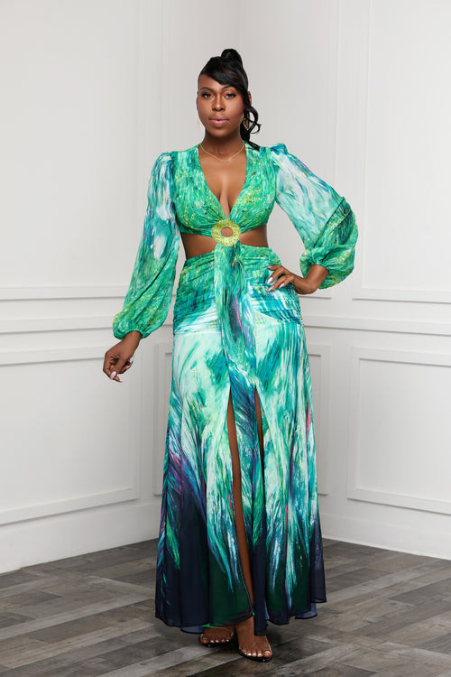 THE ONE AND ONLY DEEP V-NECK LONG SLEEVE CUTOUT MAXI DRESS (GREEN MULTI)
