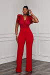 RUFFLE CAP SLEEVE LACE DETAIL WIDE LEG JUMPSUIT (RED)