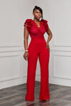 RUFFLE CAP SLEEVE LACE DETAIL WIDE LEG JUMPSUIT (RED)