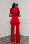 RUFFLE CAP SLEEVE LACE DETAIL WIDE LEG JUMPSUIT (RED)