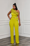 ONE SHOULDER RUFFLE BUCKLE DETAILED JUMPSUIT (LIME)