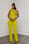 ONE SHOULDER RUFFLE BUCKLE DETAILED JUMPSUIT (LIME)