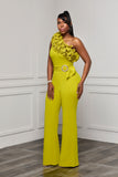 ONE SHOULDER RUFFLE BUCKLE DETAILED JUMPSUIT (LIME)
