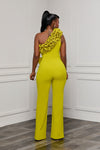 ONE SHOULDER RUFFLE BUCKLE DETAILED JUMPSUIT (LIME)