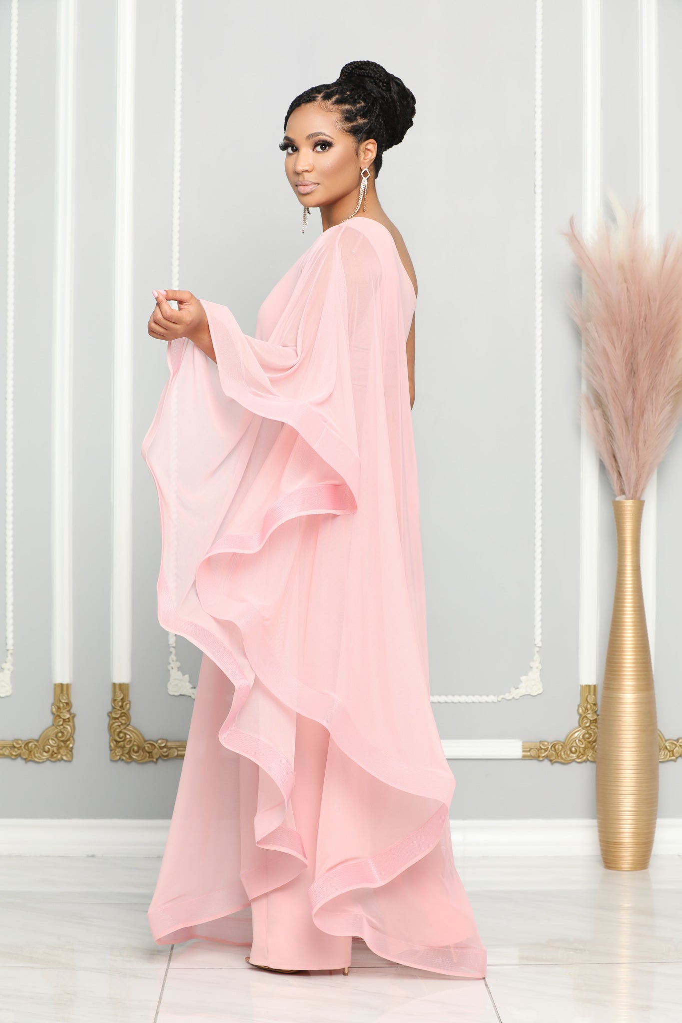 CAPE SINGLE SHOULDER WIDE LEG JUMPSUIT (BLUSH) Dress Code Chic Official