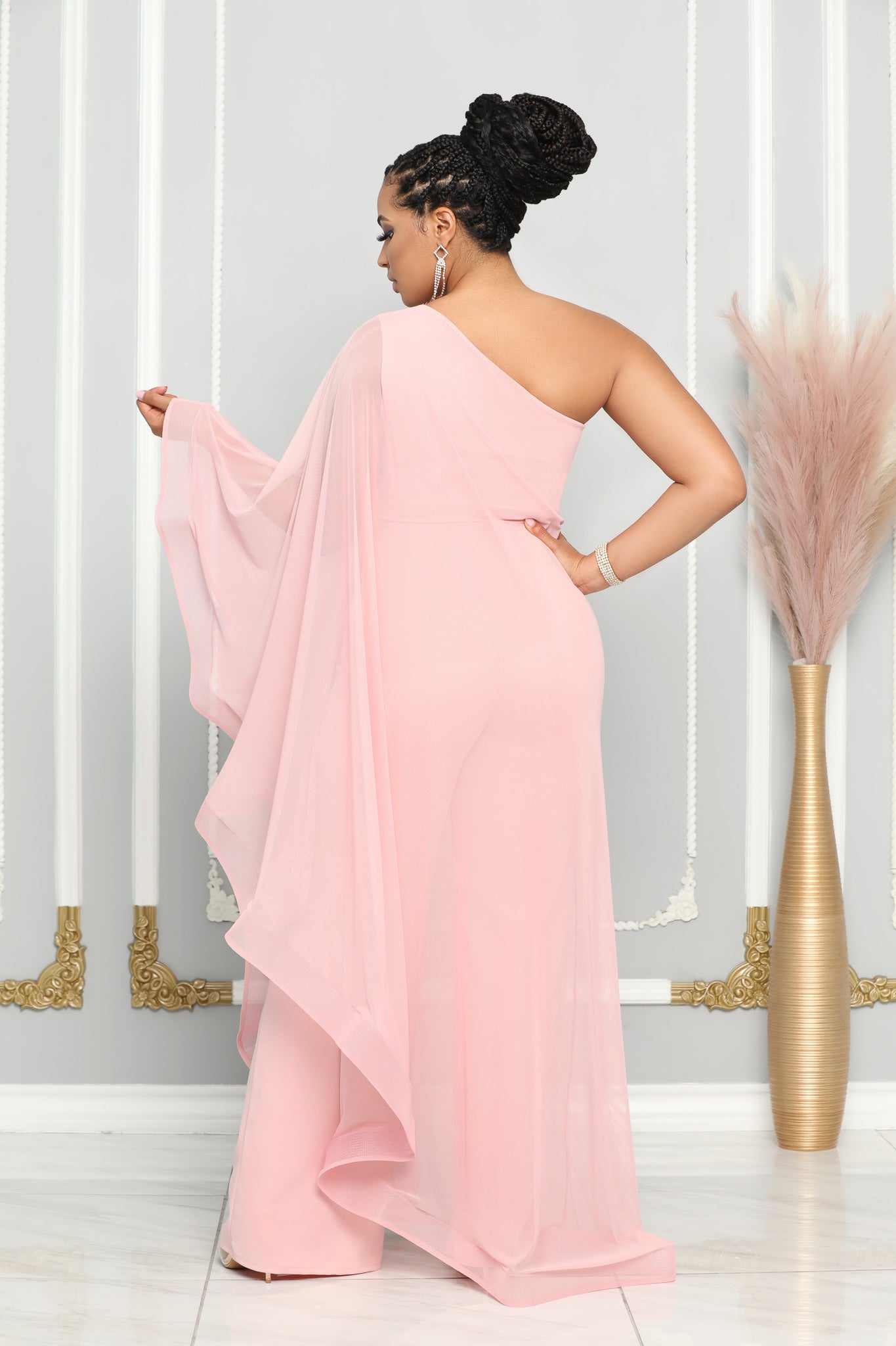 CAPE SINGLE SHOULDER WIDE LEG JUMPSUIT (BLUSH) Dress Code Chic Official