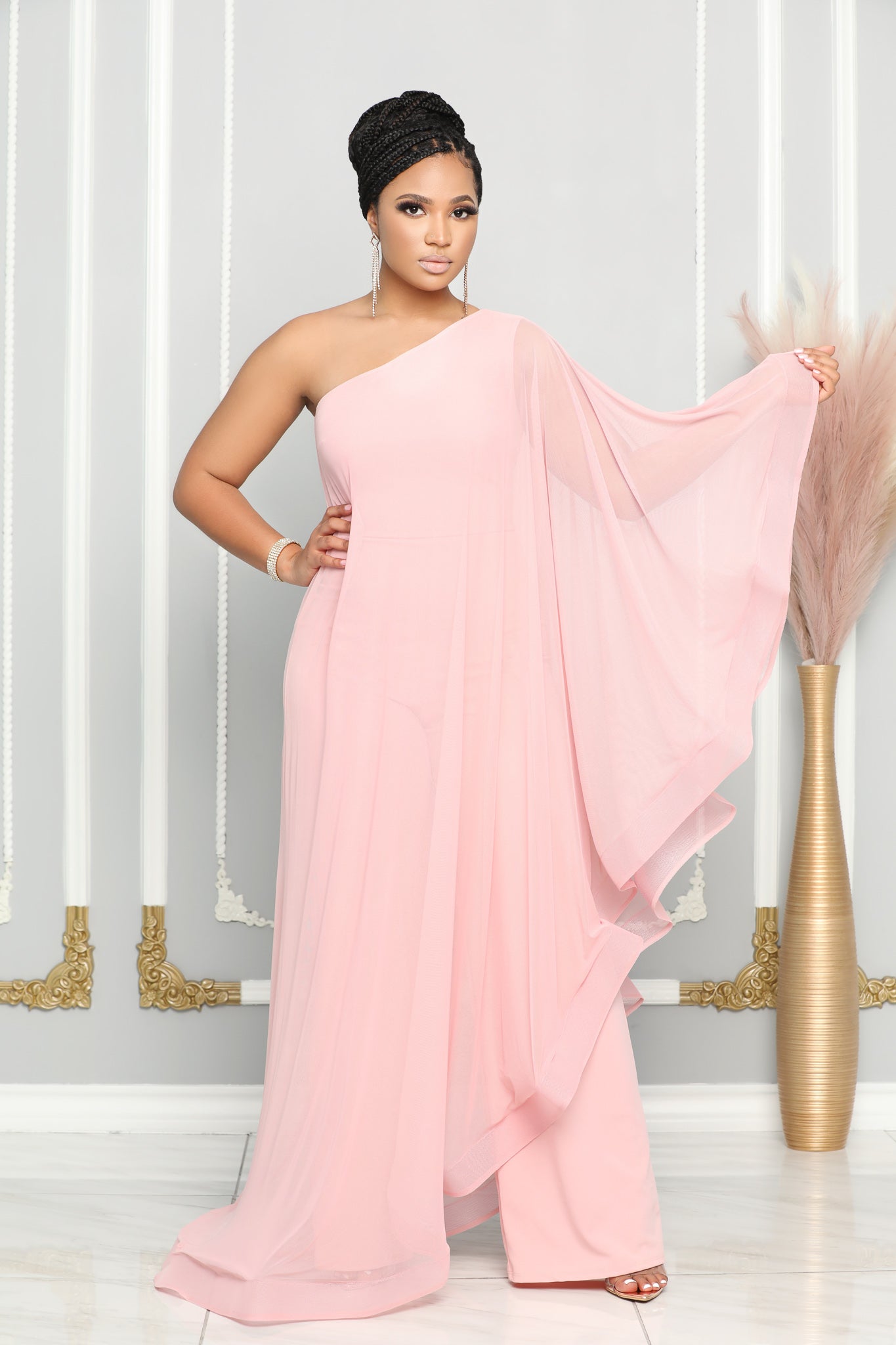 CAPE SINGLE SHOULDER WIDE LEG JUMPSUIT (BLUSH) Dress Code Chic Official