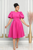 CHIC LADY BUBBLE SHORT SLEEVES FLARE MIDI DRESS (FUCHSIA)