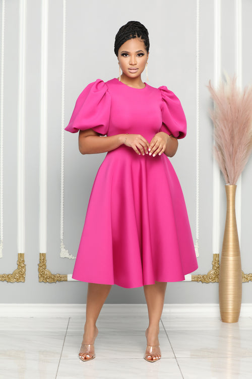 CHIC LADY BUBBLE SHORT SLEEVES FLARE MIDI DRESS (FUCHSIA)