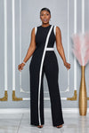 FOREVER CHIC CAPE DETAIL SLEEVELESS JUMPSUIT (BLACK/WHITE)