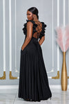 V-NECK RUFFLE DETAIL BACK LACE-UP A-LINE MAXI DRESS (BLACK)