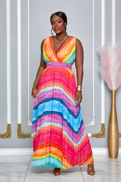 VACAY MULTI OMBRE PLEATED MAXI DRESS (MULTICOLOR)