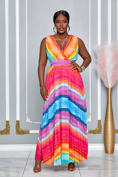 VACAY MULTI OMBRE PLEATED MAXI DRESS (MULTICOLOR)