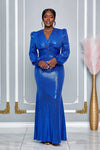 PLUNGING NECKLINE DRAPED DETAIL SEQUIN SLINKY KNIT GOWN (ROYAL BLUE)