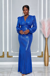 PLUNGING NECKLINE DRAPED DETAIL SEQUIN SLINKY KNIT GOWN (ROYAL BLUE)