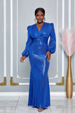 PLUNGING NECKLINE DRAPED DETAIL SEQUIN SLINKY KNIT GOWN (ROYAL BLUE)