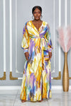 SURPLICE NECKLINE CHIFFON MAXI DRESS WITH BISHOP SLEEVES (PURPLE/YELLOW)