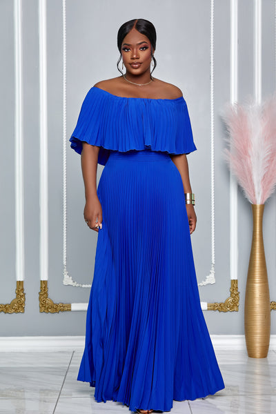 ELEGANT OFF SHOULDER PLEATED MAXI DRESS (ROYAL BLUE)