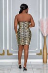 SNAKE PRINT STRAPLESS BODYCON BANDAGE MINI DRESS (GOLD/BLACK)