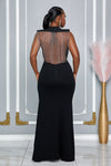 RHINESTONE FRINGE OPEN BACK ROUND NECK MAXI DRESS (BLACK)