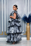 ONE SHOULDER PEPLUM TOP AND TIERED RUFFLED MAXI SKIRT SET