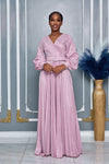 WRAP STYLE V-NECK LONG PUFFED SLEEVES MAXI DRESS (PINK)