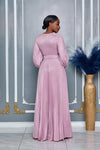 WRAP STYLE V-NECK LONG PUFFED SLEEVES MAXI DRESS (PINK)