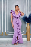 ELEGANT V-NECKLINE RUFFLES CASCADE LILAC GOWN