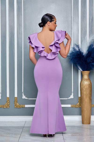 ELEGANT V-NECKLINE RUFFLES CASCADE LILAC GOWN