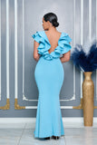 ELEGANT V-NECKLINE RUFFLES CASCADE BABY BLUE GOWN