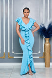 ELEGANT V-NECKLINE RUFFLES CASCADE BABY BLUE GOWN