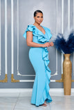ELEGANT V-NECKLINE RUFFLES CASCADE BABY BLUE GOWN