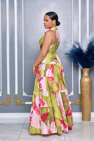 FLORAL PRINT SLEEVELESS BUTTON DOWN MAXI DRESS (LIME MULTI)