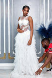 LACE DETAILED BODICE RUFFLE TIERED GOWN (WHITE)
