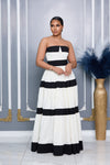 BOW DETAIL TIERED STRAPLESS MAXI DRESS (OFF-WHITE/BLACK)