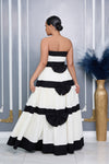 BOW DETAIL TIERED STRAPLESS MAXI DRESS (OFF-WHITE/BLACK)